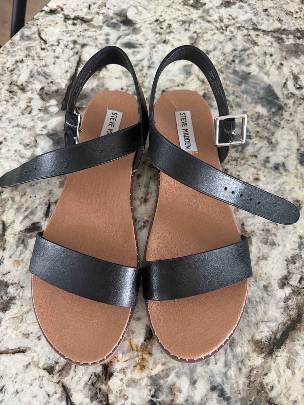 Steve Madden Black Vegan Leather Double-Strap Flat Sandals